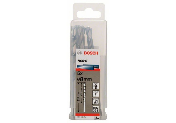 Forets à métaux rectifiés HSS-G, DIN 338 8 x 75 x 117 mm Pack de 5 - 2608595072 - Bosch