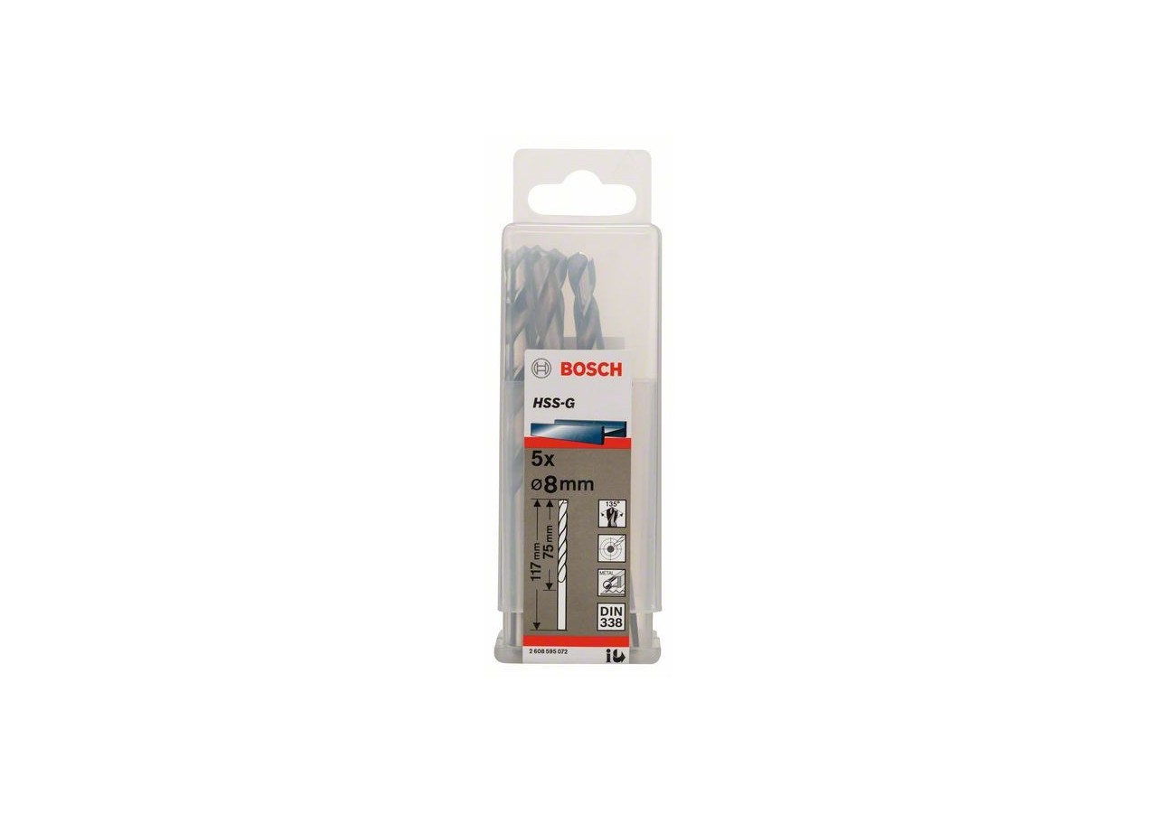 Forets à métaux rectifiés HSS-G, DIN 338 8 x 75 x 117 mm Pack de 5 - 2608595072 - Bosch