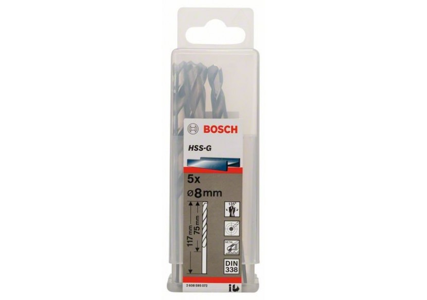 Forets à métaux rectifiés HSS-G, DIN 338 8 x 75 x 117 mm Pack de 5 - 2608595072 - Bosch Forets à métaux rectifiés HSS-G, DIN 338 8 x 75 x 117 mm Pack de 5 - 2608595072 - Bosch