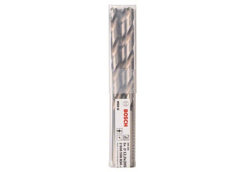 Forets à métaux rectifiés HSS-G, DIN 340, série longue 12 x 134 x 205 mm Pack de 5 - 2608596834 - Bosch Forets à métaux rectifiés HSS-G, DIN 340, série longue 12 x 134 x 205 mm Pack de 5 - 2608596834 - Bosch