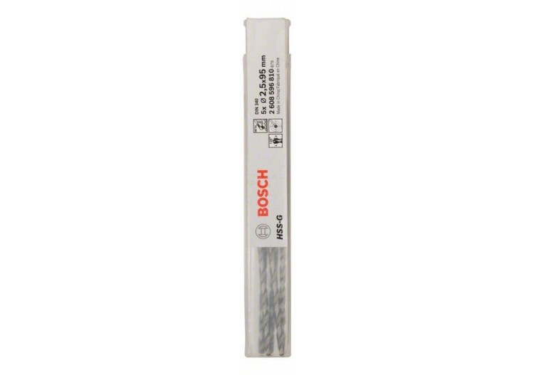 Forets à métaux rectifiés HSS-G, DIN 340, série longue 2,5 x 62 x 95 mm Pack de 5 - 2608596810 - Bosch