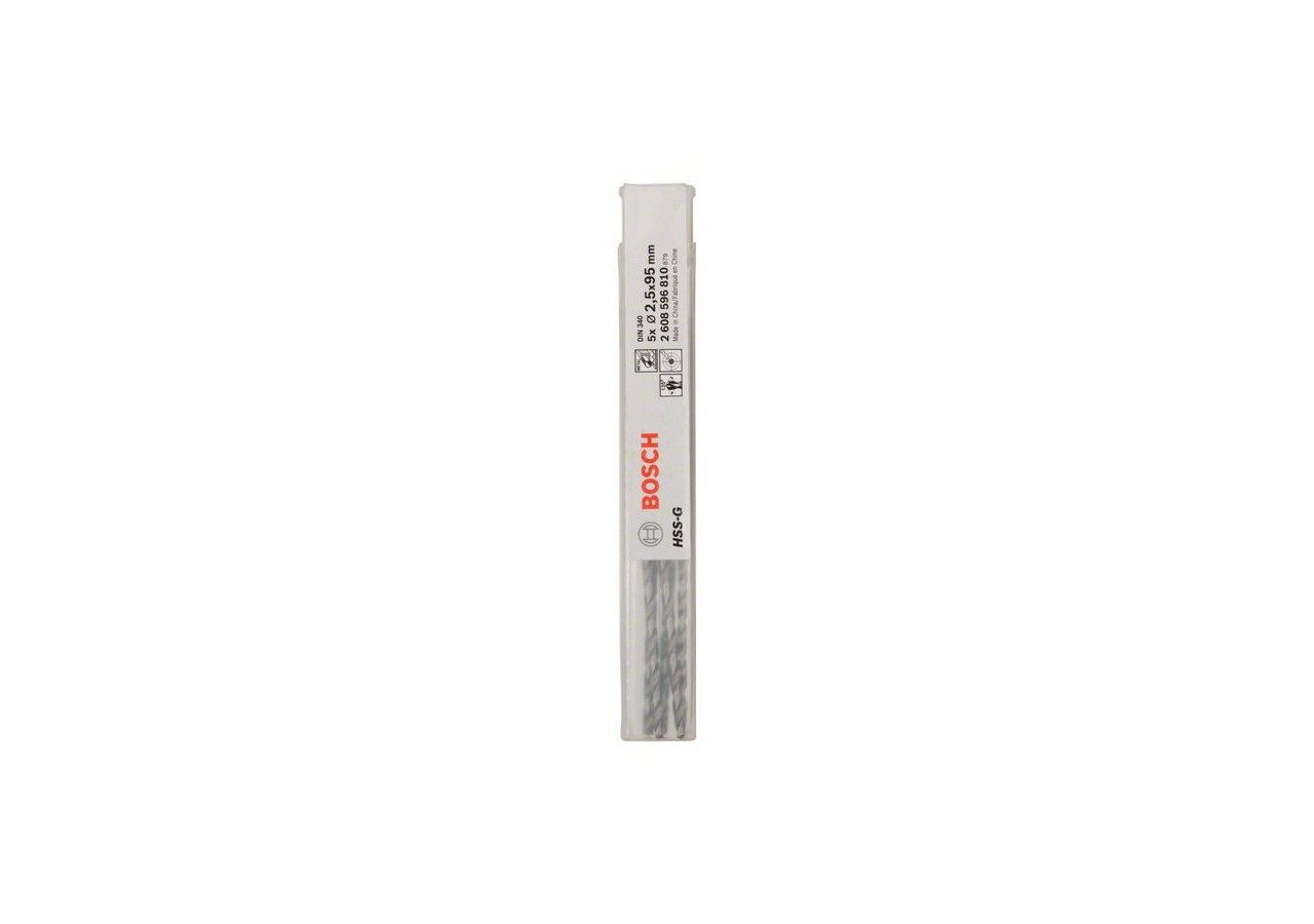 Forets à métaux rectifiés HSS-G, DIN 340, série longue 2,5 x 62 x 95 mm Pack de 5 - 2608596810 - Bosch