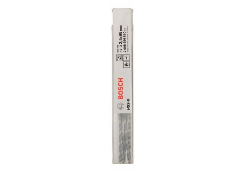Forets à métaux rectifiés HSS-G, DIN 340, série longue 2,5 x 62 x 95 mm Pack de 5 - 2608596810 - Bosch