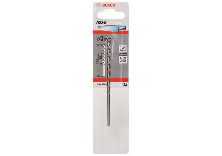 Forets à métaux rectifiés HSS-G, DIN 340, série longue 3 x 66 x 100 mm Pack de 1 - 2608595676 - Bosch