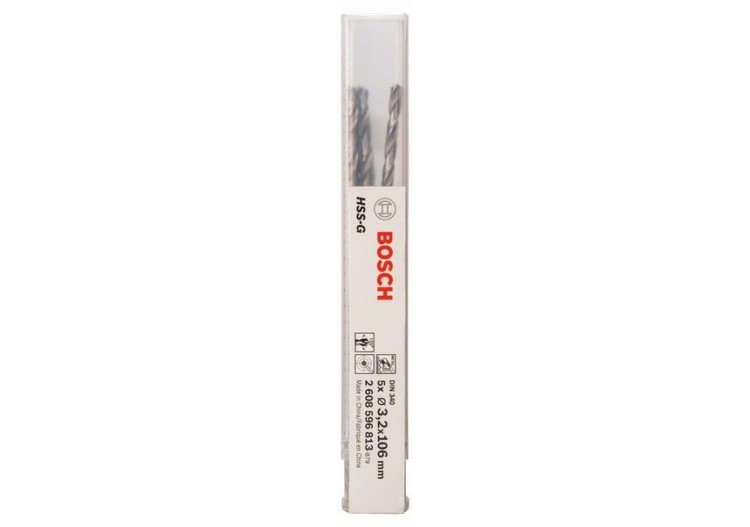 Forets à métaux rectifiés HSS-G, DIN 340, série longue 3,2 x 69 x 106 mm Pack de 5 - 2608596813 - Bosch