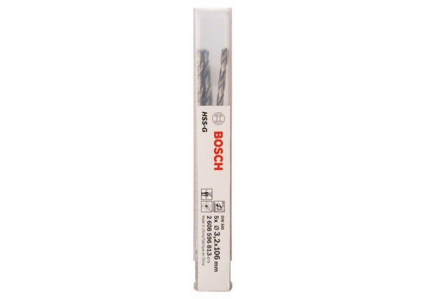 Forets à métaux rectifiés HSS-G, DIN 340, série longue 3,2 x 69 x 106 mm Pack de 5 - 2608596813 - Bosch