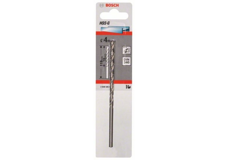 Forets à métaux rectifiés HSS-G, DIN 340, série longue 4 x 78 x 119 mm Pack de 1 - 2608595679 - Bosch