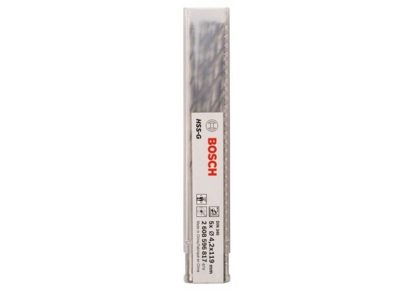 Forets à métaux rectifiés HSS-G, DIN 340, série longue 4,2 x 78 x 119 mm Pack de 5 - 2608596817 - Bosch Forets à métaux rectifiés HSS-G, DIN 340, série longue 4,2 x 78 x 119 mm Pack de 5 - 2608596817 - Bosch