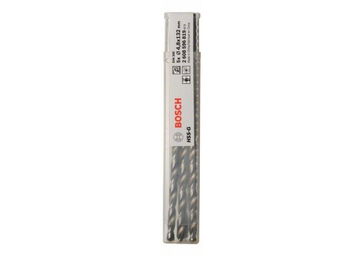 Forets à métaux rectifiés HSS-G, DIN 340, série longue 4,8 x 87 x 132 mm Pack de 5 - 2608596819 - Bosch