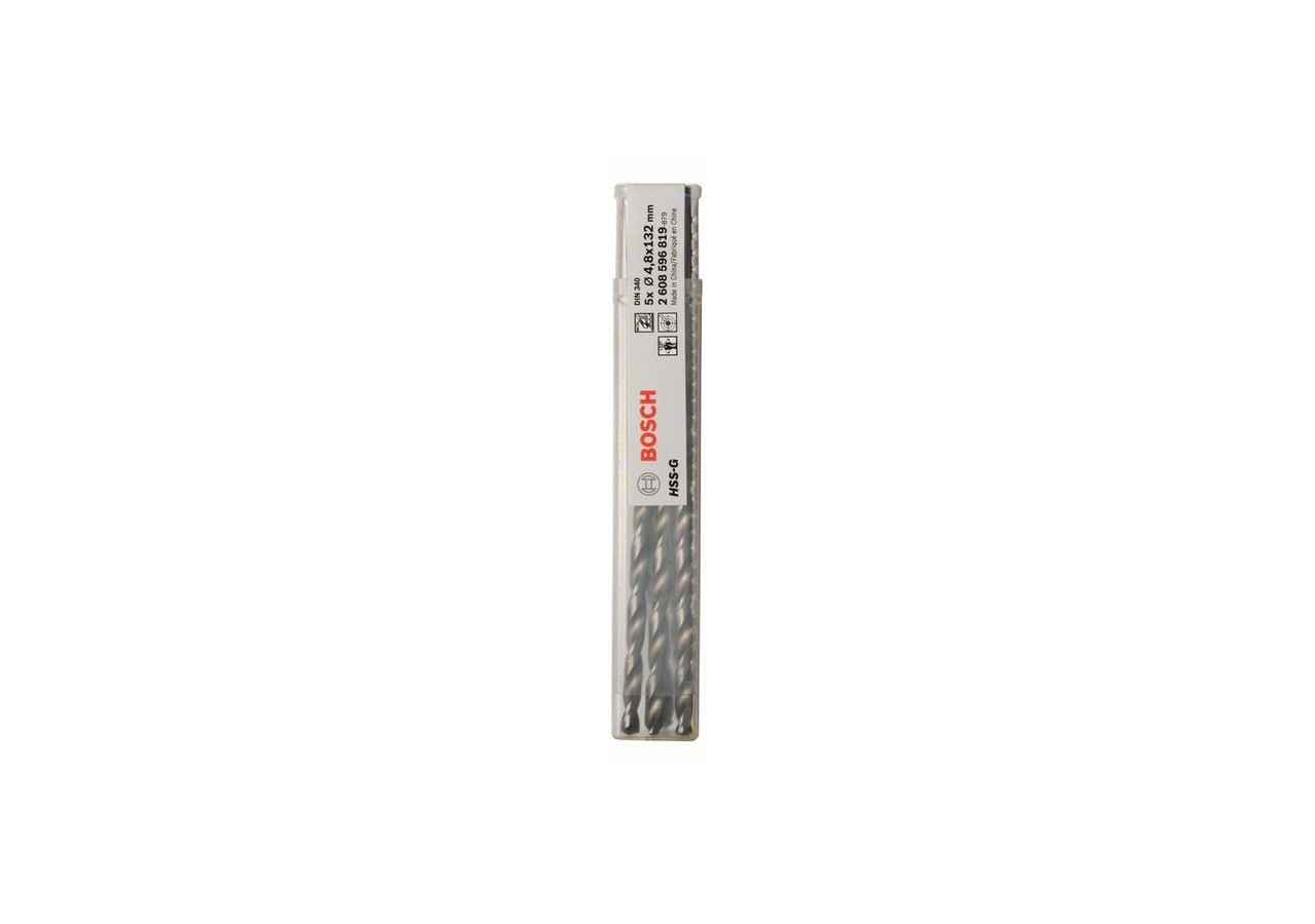 Forets à métaux rectifiés HSS-G, DIN 340, série longue 4,8 x 87 x 132 mm Pack de 5 - 2608596819 - Bosch