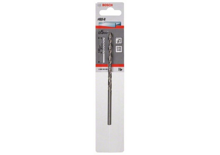 Forets à métaux rectifiés HSS-G, DIN 340, série longue 5 x 87 x 132 mm Pack de 1 - 2608595683 - Bosch