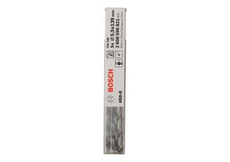 Forets à métaux rectifiés HSS-G, DIN 340, série longue 5,5 x 91 x 139 mm Pack de 5 - 2608596821 - Bosch