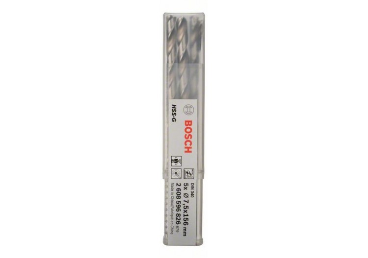 Forets à métaux rectifiés HSS-G, DIN 340, série longue 7,5 x 102 x 156 mm Pack de 5 - 2608596826 - Bosch