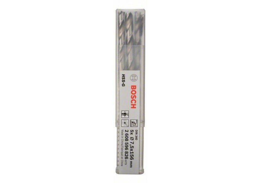 Forets à métaux rectifiés HSS-G, DIN 340, série longue 7,5 x 102 x 156 mm Pack de 5 - 2608596826 - Bosch Forets à métaux rectifiés HSS-G, DIN 340, série longue 7,5 x 102 x 156 mm Pack de 5 - 2608596826 - Bosch