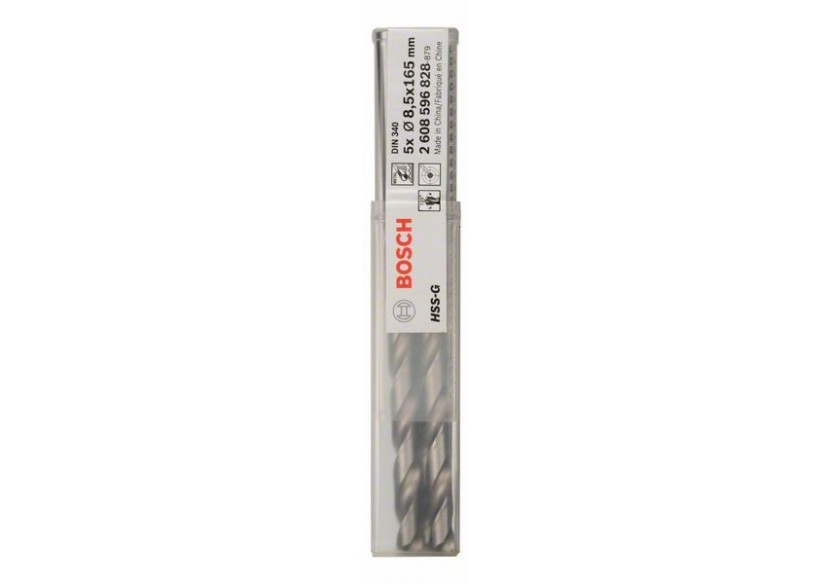Forets à métaux rectifiés HSS-G, DIN 340, série longue 8,5 x 109 x 165 mm Pack de 5 - 2608596828 - Bosch