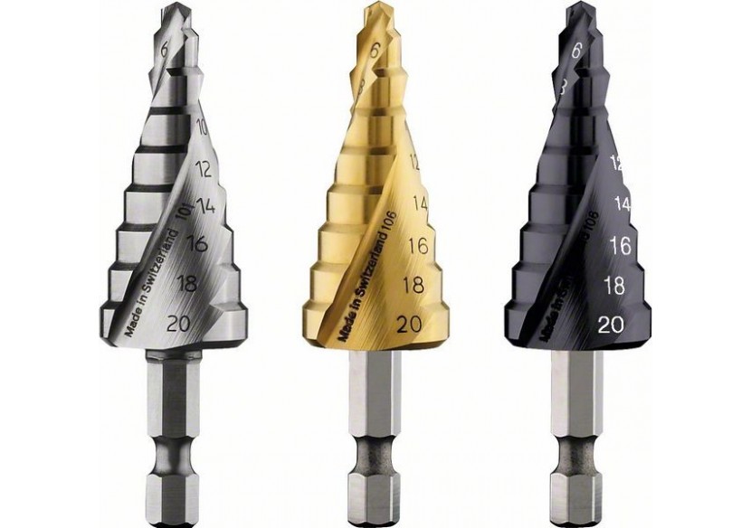 Fraise étagée HSS-TiN 4 - 20 mm, 70,5 mm 9 étages Ø 4-6-8-10-12-14-16-18-20 mm - 2608587433 - Bosch Fraise étagée HSS-TiN 4 - 20 mm, 70,5 mm 9 étages Ø 4-6-8-10-12-14-16-18-20 mm - 2608587433 - Bosch