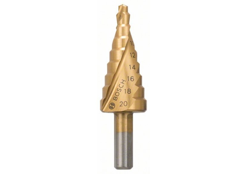 Fraise étagée HSS-TiN 4 - 20 mm, 8,0 mm, 70,5 mm 9 étages Ø 4-6-8-10-12-14-16-18-20 mm - 2608597526 - Bosch Fraise étagée HSS-TiN 4 - 20 mm, 8,0 mm, 70,5 mm 9 étages Ø 4-6-8-10-12-14-16-18-20 mm - 2608597526 - Bosch