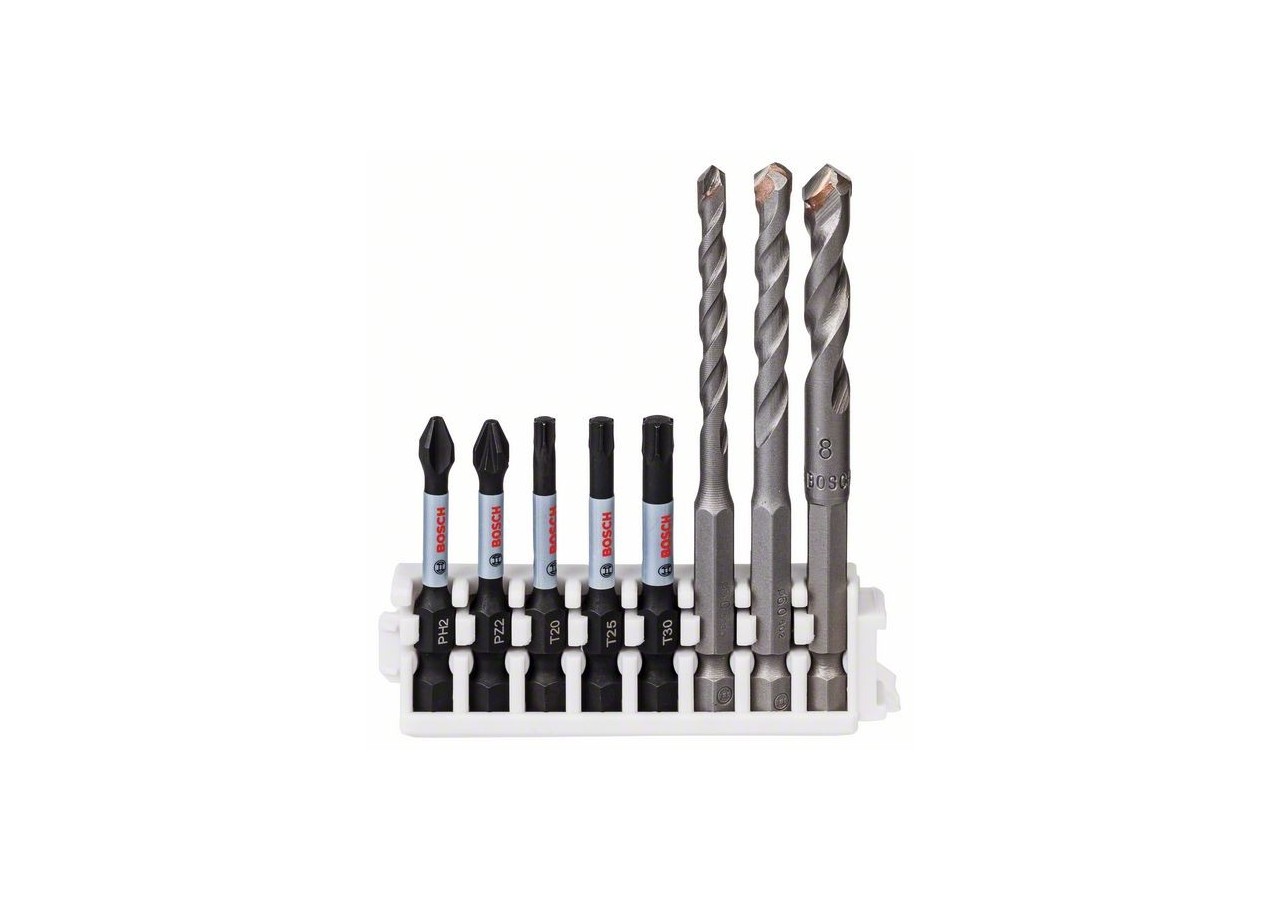 Kit 3 forets Carrelage 5 6 8 mm et 5 Embouts Impact PH2 PZ2 T20 T25 T30 50mm - 2608577145 - Bosch