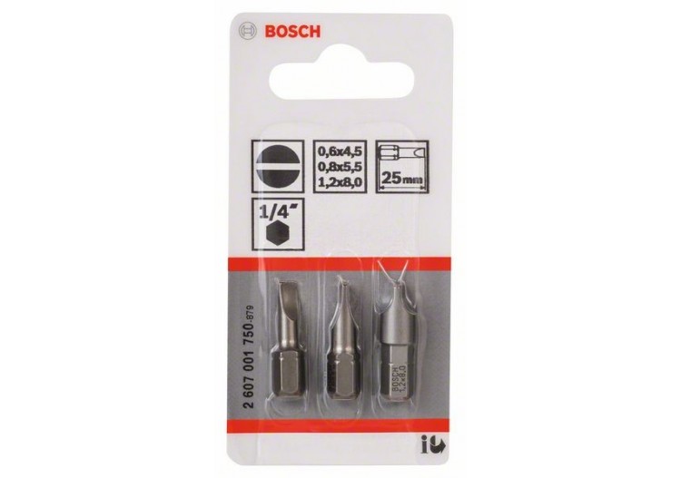 Kit 3 Embouts de vissage qualité extra-dure S0,6x4,5 S0,8x5,5 S1,2x8 25mm - 2607001750 - Bosch