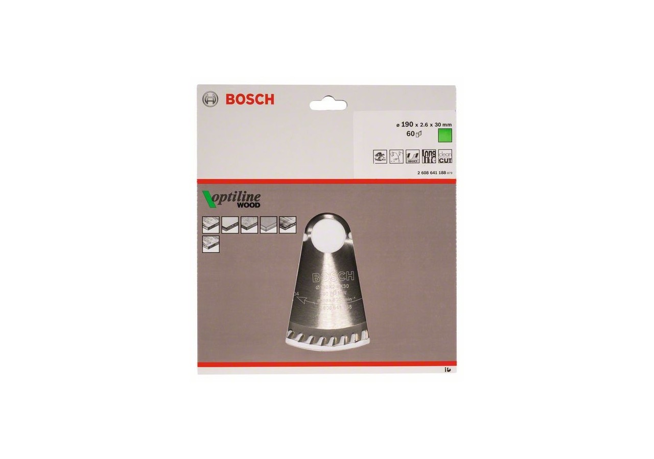 Lame de scie circulaire Optiline Wood 190 x 30 x 2,6 mm, 60 - 2608641188 - Bosch
