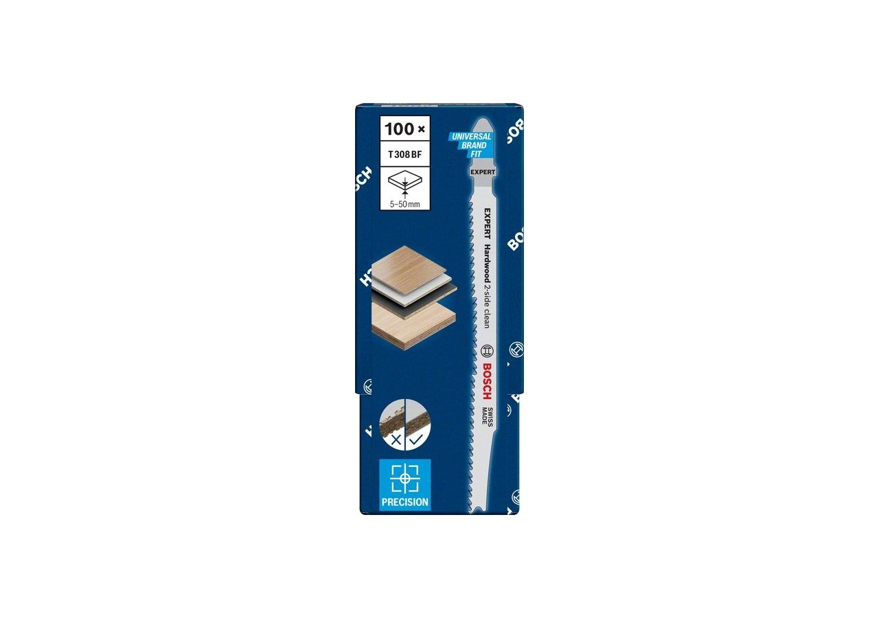 Lame de scie sauteuse Expert 'Hardwood 2-side clean' T 308 BF, 100 pces - 2608900546 - Bosch
