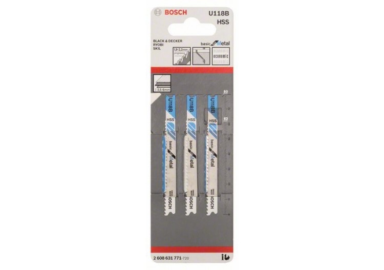 3 Lames scie sauteuse HSS Métal 80mm  Pas : 1,9-2,3mm U118B - 2608631771 - Bosch