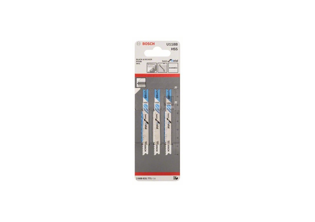 3 Lames scie sauteuse HSS Métal 80mm  Pas : 1,9-2,3mm U118B - 2608631771 - Bosch