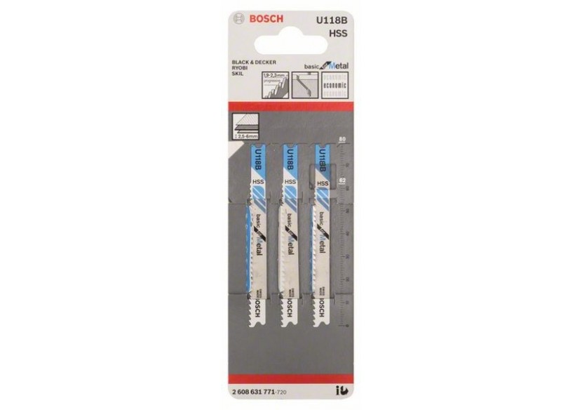 3 Lames scie sauteuse HSS Métal 80mm  Pas : 1,9-2,3mm U118B - 2608631771 - Bosch 3 Lames scie sauteuse HSS Métal 80mm  Pas : 1,9-2,3mm U118B - 2608631771 - Bosch