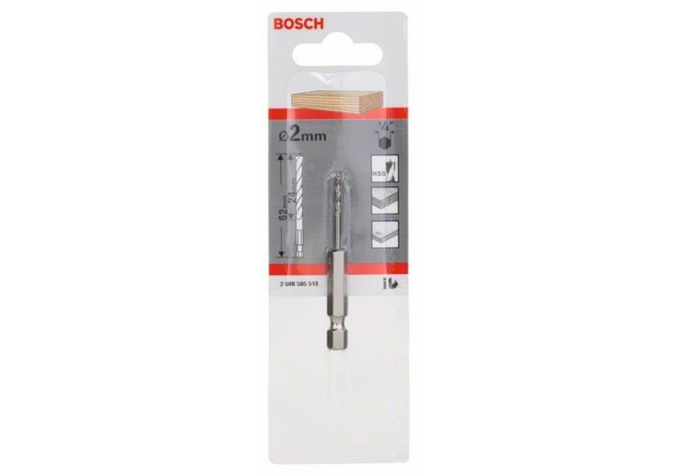 Mèche à bois hélicoïdale, queue six pans 1/4" 2 x 24 x 62 mm - 2608595518 - Bosch
