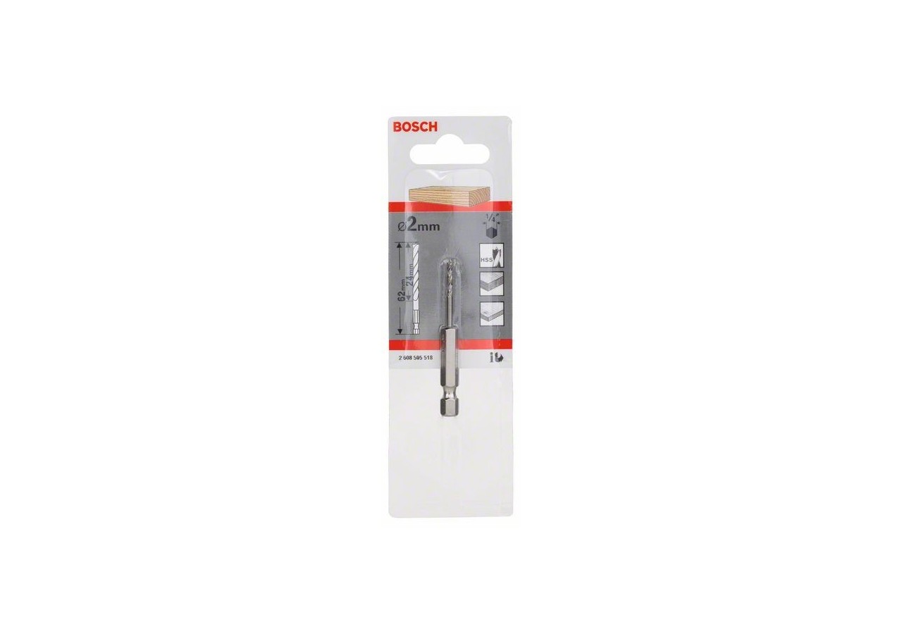 Mèche à bois hélicoïdale, queue six pans 1/4" 2 x 24 x 62 mm - 2608595518 - Bosch