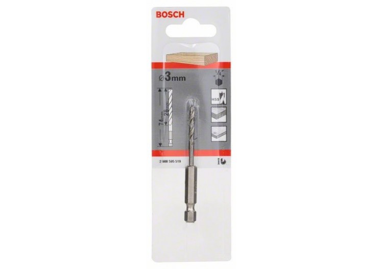 Mèche à bois hélicoïdale, queue six pans 1/4" 3 x 33 x 74 mm - 2608595519 - Bosch