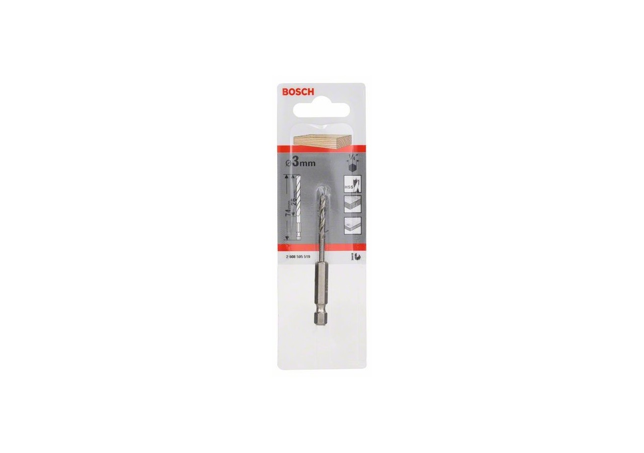 Mèche à bois hélicoïdale, queue six pans 1/4" 3 x 33 x 74 mm - 2608595519 - Bosch