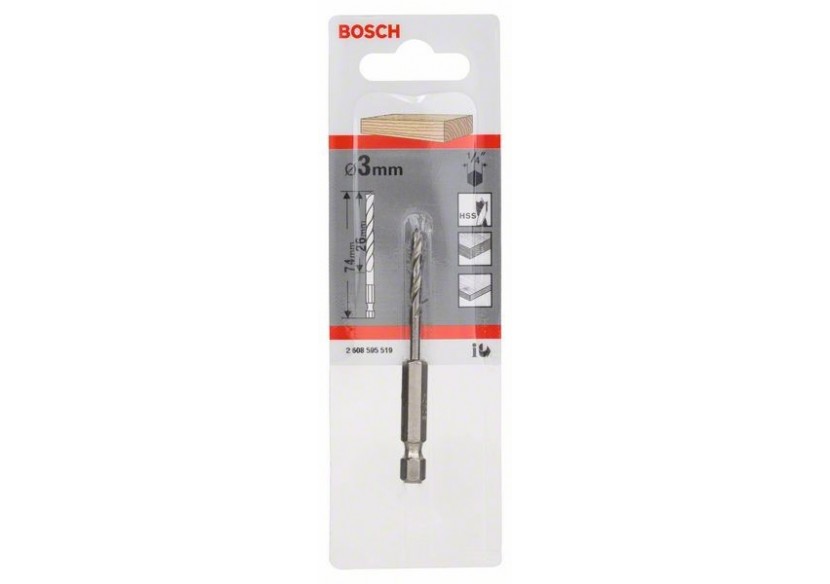 Mèche à bois hélicoïdale, queue six pans 1/4" 3 x 33 x 74 mm - 2608595519 - Bosch