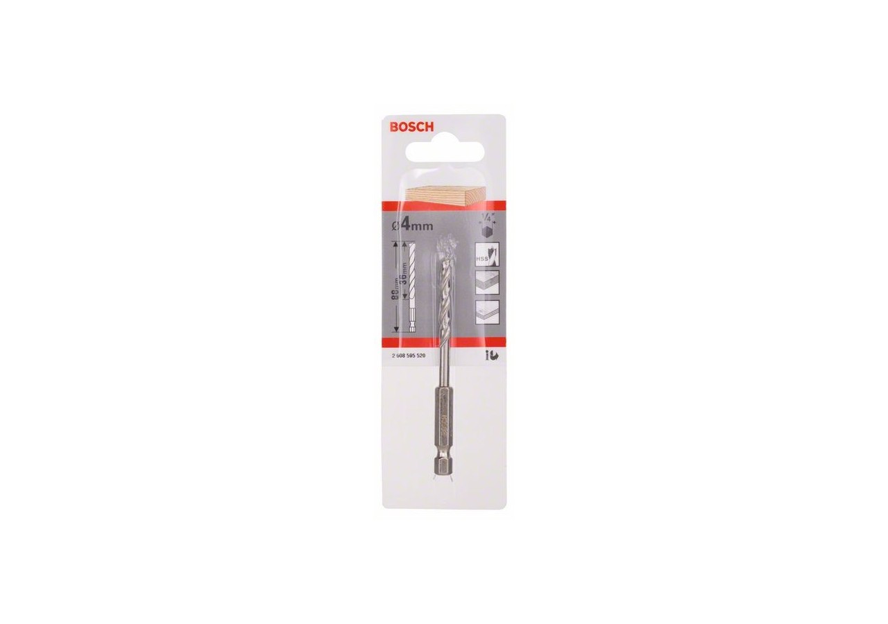 Mèche à bois hélicoïdale, queue six pans 1/4" 4 x 43 x 88 mm - 2608595520 - Bosch