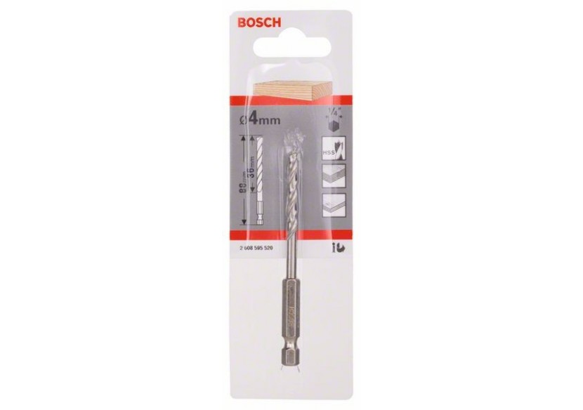 Mèche à bois hélicoïdale, queue six pans 1/4" 4 x 43 x 88 mm - 2608595520 - Bosch