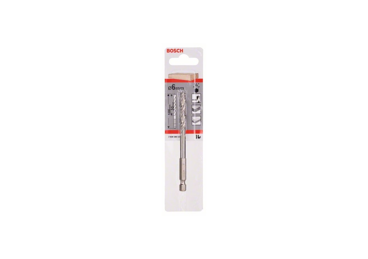 Mèche à bois hélicoïdale, queue six pans 1/4" 6 x 63 x 106 mm - 2608595522 - Bosch