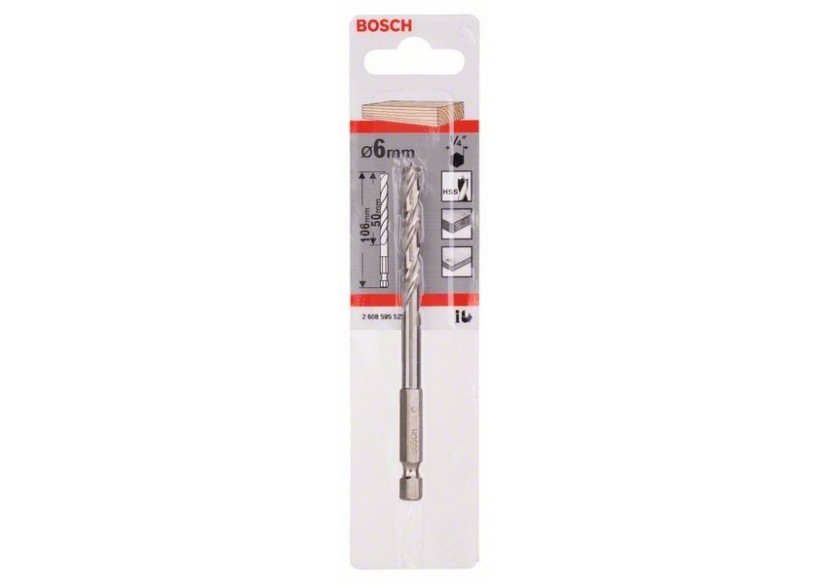 Mèche à bois hélicoïdale, queue six pans 1/4" 6 x 63 x 106 mm - 2608595522 - Bosch