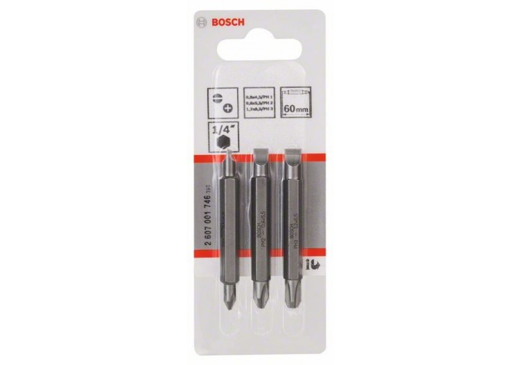 Kit 3 Embouts de tournevis doubles S0,6 S0,8 S1,2 PH1, PH2, PH3 60mm - 2607001746 - Bosch