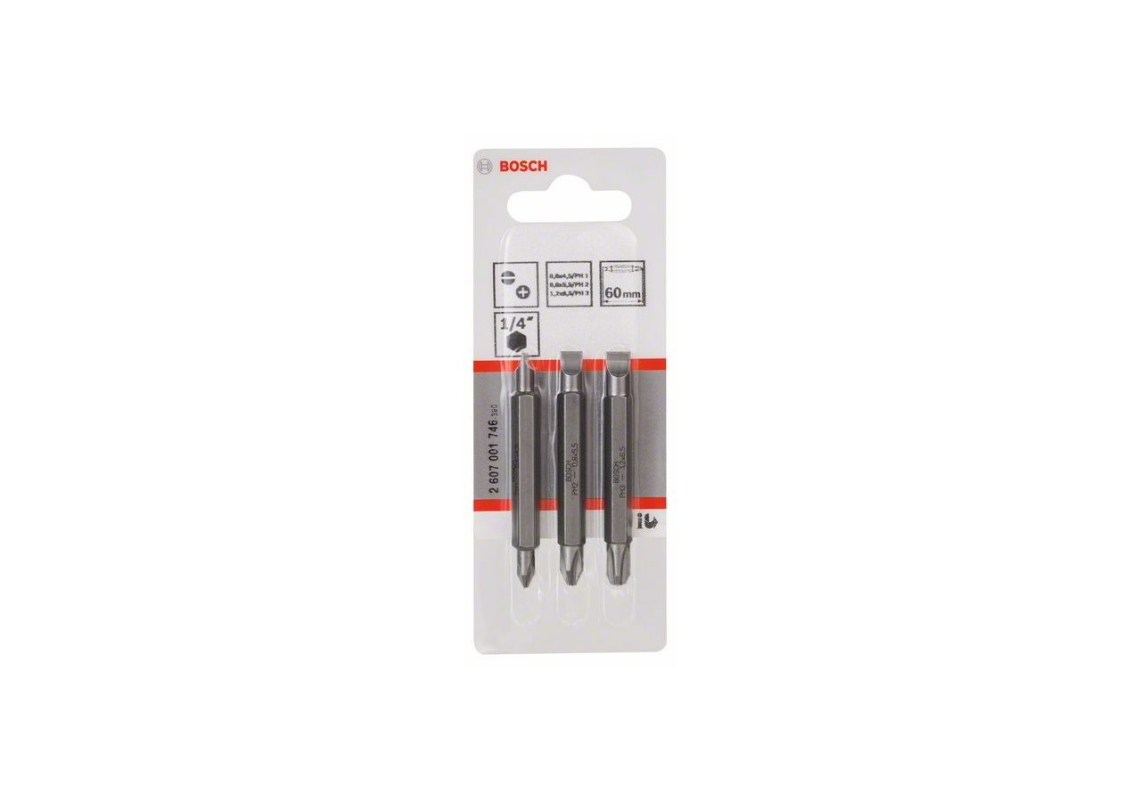 Kit 3 Embouts de tournevis doubles S0,6 S0,8 S1,2 PH1, PH2, PH3 60mm - 2607001746 - Bosch