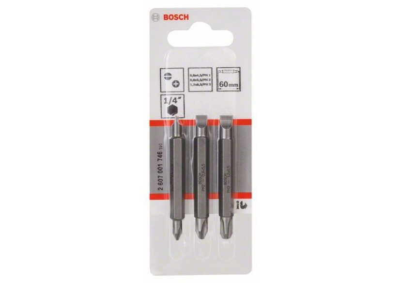 Kit 3 Embouts de tournevis doubles S0,6 S0,8 S1,2 PH1, PH2, PH3 60mm - 2607001746 - Bosch