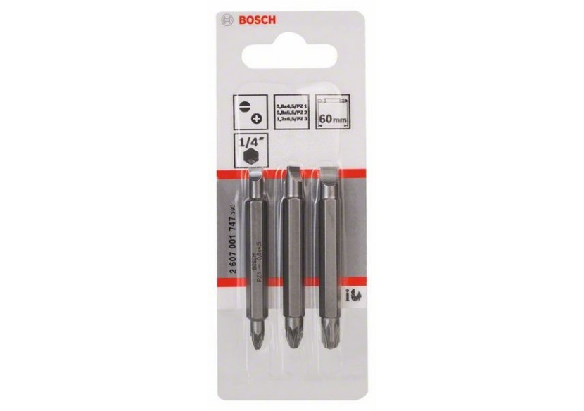 Kit 3 Embouts de tournevis doubles S1,2 S0,6 S0,8 PZ1, PZ2, PZ3 60mm - 2607001747 - Bosch