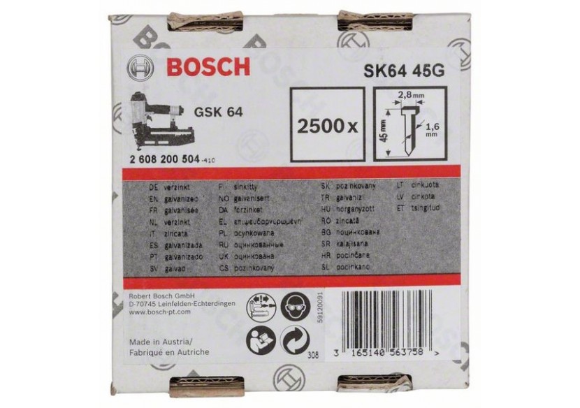 Pointe à tête fraisée SK64 45G 1,6 mm, 45 mm, galvanisé Version galvanisée - 2608200504 - Bosch