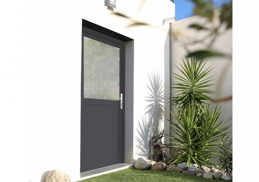 Porte de service PVC anthracite et blanc semi-vitrée ouvrant droit L 960mm x H 2150mm