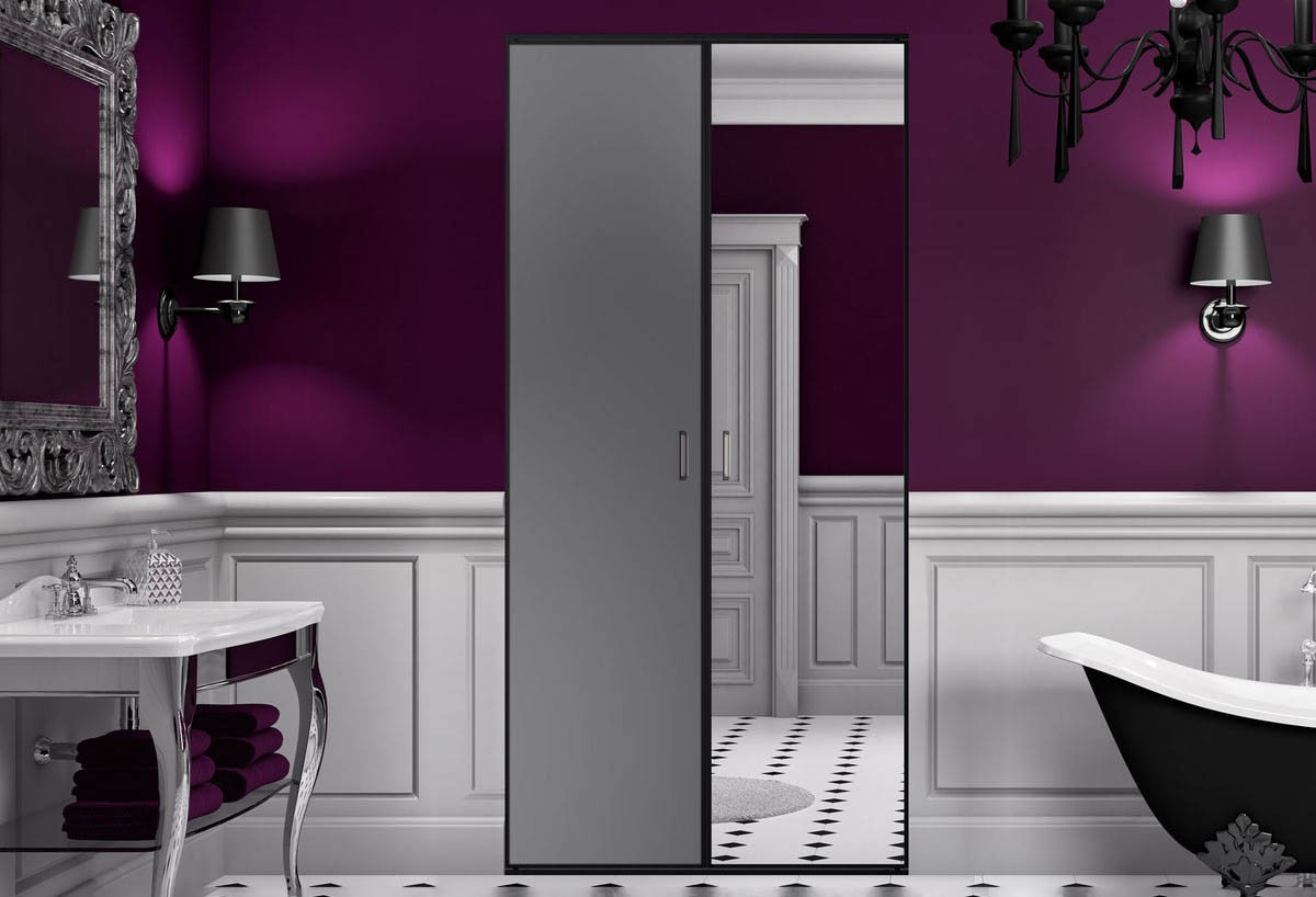 So glam : Façade de placard pivotante 2 portes uni mat et miroir argent