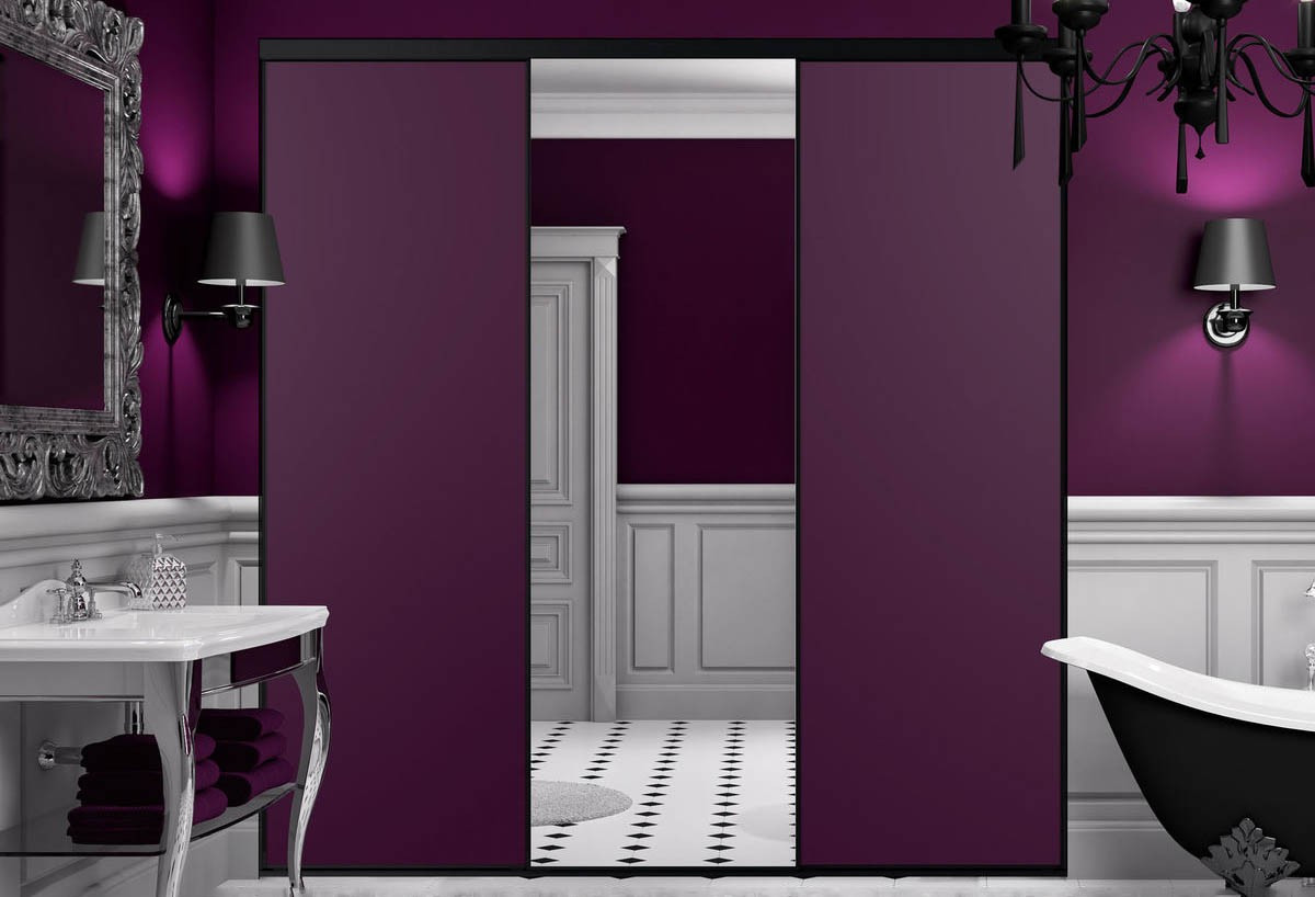 So glam : Façade de placard coulissante 3 portes uni mat et miroir argent