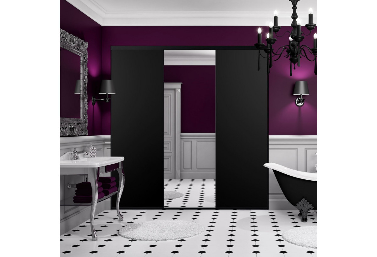 So glam : Façade de placard coulissante 3 portes uni mat et miroir argent