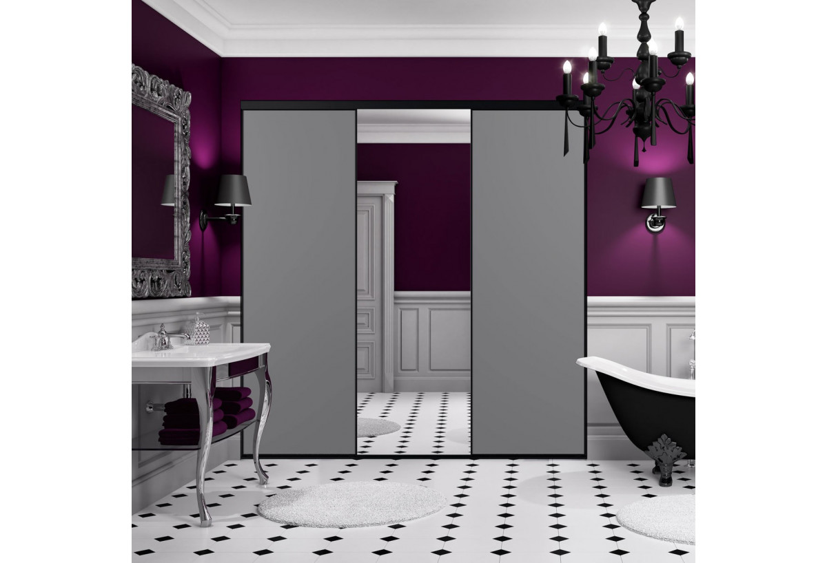 So glam : Façade de placard coulissante 3 portes uni mat et miroir argent