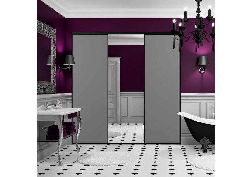 So glam : Façade de placard coulissante 3 portes uni mat et miroir argent