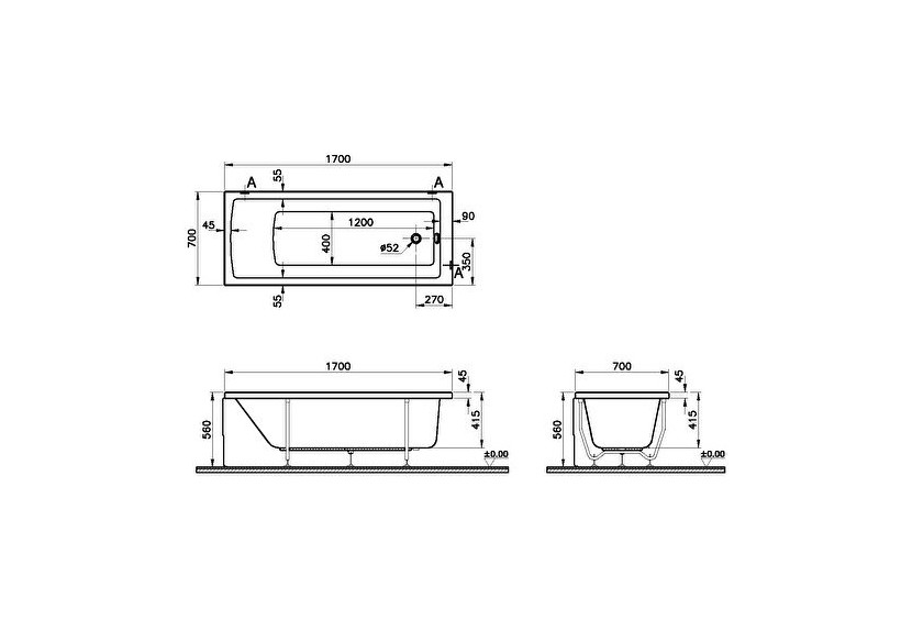 Integra baignoire ergonomique rectangulaire en acryl. 4mm, 170 x 70 cm - 52530001000 - Vitra