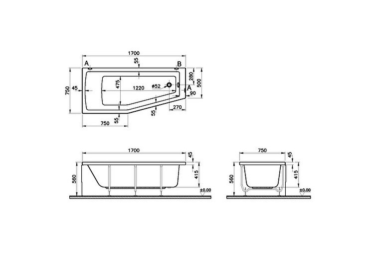 Integra baignoire à encombrement réduit, angle à gauche, en acryl., 170x75 cm - 52760001000 - Vitra 2
